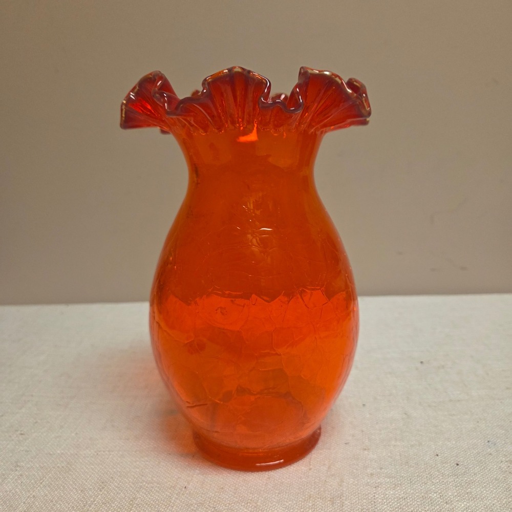 Vintage Orange Crackle Glass Vase Ruffled Rim Mid Century Modern Art Glass